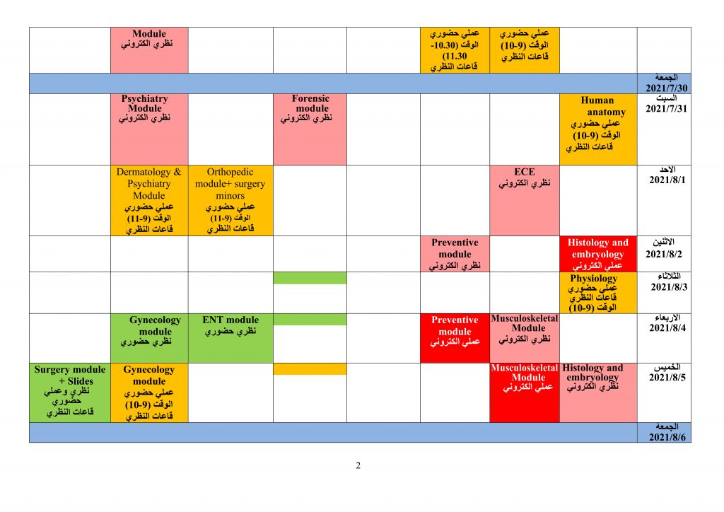 جدول امتحانات النهائية لكلية طب الكندي لسنة الدراسية 2020-2021