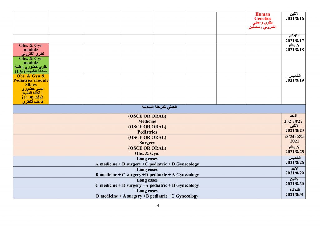 جدول امتحانات النهائية لكلية طب الكندي لسنة الدراسية 2020-2021